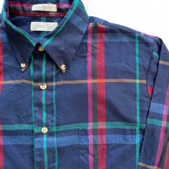 Vintage 90s Career Club Navy Blue Plaid Button Down Shirt M USA Work Dress Up - Picture 4 of 8